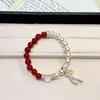 Pulsera Exquisita de Estilo Lujo Ligero de Cristal Blanco Transparente con Cinta, Agata Roja Natural Ensamblada con Perlas Swarovski para Mujer, Pulsera de Alta Gama