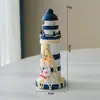 Decoración de Escritorio Adornos Faro Pequeño Azul y Blanco de Madera Estilo Oceánico Transfronterizo 15cm Regalo Creativo Accesorios para Fotografía