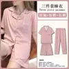 Pijama de Controle Xadrez Novo de Fábrica para Mulheres Verão Cardigã Manga Curta Calça Curta Conjunto de Três Peças Doce Roupa de Casa para Estudantes