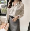Camisa Feminina 2024 Nova Cor Sólida Faux Cetim Gola de Terno Manga Longa Retrô Estilo Hong Kong Top