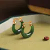 Aretes Imitación Calcedonia Natural Jade Hetian Chapados en Oro para Mujer Estilo Chino Jade Verde Jaspeado Aretes Retro Jade Aretes