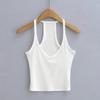 Camisola deportiva corta de corte entallado con cuello en V profundo y hombros estrechos de color liso para mujer, estilo Pure Desire