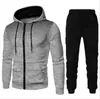 Nuevo conjunto deportivo con capucha de forro polar de color liso europeo y americano para otoño e invierno, sudadera y pantalón de chándal para hombre, casual, con puntos y cierre de cremallera