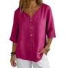 Camisa de Botones Casual Holgada de Algodón y Lino de Manga Tres Cuartos, Color Sólido, Nueva, Transfronteriza, Disponible en Stock, Botón de Amazon Europeo y Americano