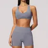 Conjunto Esportivo Novo Sem Costura Transfronteiriço para Mulheres Costas Nuas com Amarração no Pescoço Cintura Alta Controle da Barriga Conjunto de Treinamento Pilates Yoga 4535