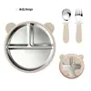 Prato Infantil de Silicone Dividido Urso Aço Inoxidável 304 Removível com Ventosa Talheres de Bebê Conjunto de Silicone