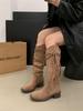 Botas Egipcias Estilo Páramo Retro ~ Botas de Tacón Grueso con Borlas de Media Caña Botas de Vaquero Occidental Botas de Felpa para Mujer Botas