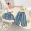 Roupas de bebê verão novas meninas bebê estilo ocidental bordado suspensório top calças de perna larga calças de duas peças terno