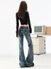 Calça jeans flare estilo americano para mulheres, coleção primavera/outono 2026, lavagem azul vintage, comprimento total, hot girl, stretch, cintura ultrabaixa, boca de sino
