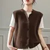 Novo Estilo de Início de Outono 100% Lã Simples Versátil Gola Redonda Colete para Mulheres Cor Sólida Tricô Solto Colete para Camadas Cardigã