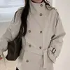 Gabardina corta de alta gama vintage para mujer, con cuello alto, doble botonadura y cordones, de Dongdaemun, Corea