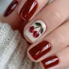 Unhas Postiças Decoradas Removíveis para Manicure, Quadradas Curtas Europeias, Cor Cereja e Branca, com Estampa de Cerejas que Muda de Cor