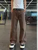 Calças de Trabalho Desconstruídas Pesadas Vintage Cor Marrom Melardo para Homens, Jeans de Algodão Puro Rígido para o Verão, Calças Afuniladas Levemente Emagrecedoras