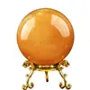 Ornamento de Esfera de Citrino Natural, Pedra Bruta Polida para Feng Shui, Decoração de Cozinha com Base de Latão