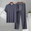 Conjunto de Pijama de Dos Piezas para Hombre Camiseta de Modal con Cuello Redondo y Bolsillo Pantalones Largos Conjunto Casual Pijama de Modal para Hombre