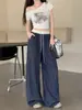 Pantalones a cuadros blancos de cintura suelta estilo coreano para mujer, pantalones de pierna ancha con cordón de verano, pantalones rectos casuales versátiles simples de largo completo