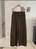 KEKEZOON Pantalones de Pierna Ancha Versátiles de Mezcla de Lana para Mujer Otoño Invierno Nuevo Cintura Alta Bolsillo Pierna Recta Color Sólido Pantalones Largos Modernos 9546