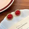 Pendientes Retro de Gema Borgoña Estilo Hong Kong para Mujer, Pendientes Franceses Dorados de Alta Gama de Nicho, Pendientes Elegantes de Año Nuevo