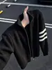 Suéter Cárdigan de Punto de Tres Barras Americano para Hombre Otoño Corte Limpio Sensación de Alta Gama Estilo Perezoso Chaqueta Abrigo con Cremallera