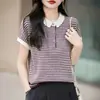 2026 Verão Coreano Retrô Listrado Gola Polo Tricô Manga Curta Feminino Solto Emagrecedor Toque Relaxado Top Camiseta
