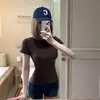 Camiseta base simple de algodón puro de 40 hilos para el día a día, camiseta de manga corta con hombro normal para mujer, top rosa de verano ajustado con cuello redondo