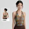 Top de alça para yoga feminino com bojo, corte justo, design estampado, costas bonitas, top esportivo com pregas centrais na frente, top fitness