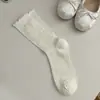 Meias Botão Florais para Mulheres, Estilo Doce Japonês, Meias até a Panturrilha com Borda Franzida de Pérolas, Meias de Malha Fina Respiráveis para Primavera e Verão