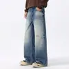 Colección de otoño nueva, de alta gama, ligera y lujosa: pantalones de mezclilla para hombre, pierna recta, corte holgado, pierna ancha, estilo americano, corte curvo, lavado azul