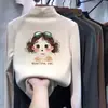 Roupa íntima infantil estampada com forro de fleece, gola alta, manga longa, quente e versátil, camiseta escovada para meninas, outono e inverno