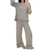 Pijama de verano para mujer, cuello redondo de modal, bordes de doble capa, simple casual holgado de manga corta y pantalón largo conjunto para casa