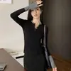 Conjunto retro de dos piezas de algodón puro en bloques de color para otoño e invierno, camiseta elegante de manga larga, diseño ajustado, capa base versátil, negro