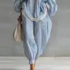 Moda Feminina Europeia e Americana 2026 Novo Conjunto de Duas Peças Listrado Azul e Branco com Renda Acabamento Solto Casual Calça Wide-Leg Manga Longa