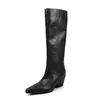 Botas de montar de cuero de plena flor para mujer, acabado pulido, caña alta, botas largas, nuevo estilo otoño/invierno, tacón grueso, tacón alto, con cremallera trasera, y no llegan hasta la rodilla