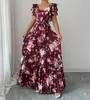 Vestido Maxi Floral de Verão 2026 com Manga Bufante e Decote em V Comércio Exterior Europeu e Americano Elegante Temperamento Plissado Elegante Vestido Romântico