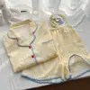 Pijama de Encaje de Concha de Alto Gama a Cuadros Amarillos para Mujer Verano Manga Corta con Pantalones Cortos Conjunto Ropa para Dormitorio Estudiantil y Hogar