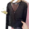 Cardigã de tricô de seda gelada azul, fino, de manga comprida, para mulheres, peça externa de primavera, xale de proteção solar, blusa para cobrir do ar condicionado