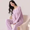 Outono Inverno Novo Estilo DeRong Roupa de Dormir Feminina Manga Longa Calça Longa Gola Redonda Pulôver Mistura de Seda e Lã Conjunto de Duas Peças