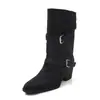 Botas de media pantorrilla para mujer con hebilla estilo coreano, nuevo modelo de otoño, gamuza de vaca, color liso, puntera cuadrada pequeña, tacón alto grueso