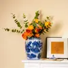 Nuevo jarrón de cerámica azul y blanco estilo chino, juego de tarros de almacenamiento para arreglos florales, para sala de estar, recibidor, estudio, decoración de sala de té