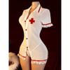 Lencería Sexy Malla Transparente Ver a Través Escote en V Profundo Abertura Ribete de Encaje Uniforme de Enfermera Conjunto Deseo Puro Vestido Bodycon Sin Quitar