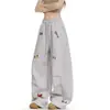 Pantalones Casuales de Pierna Ancha Bordados de Cachorro Dachshund de Dibujos Animados Otoño Nuevo Elásticos de Cintura Alta Pierna Recta Estilo Moderno para Mujer