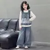 Conjunto de Mezclilla de Otoño para Niñas Niñas Grandes Muy Atractivo Moderno Elegante Conjunto de Tres Piezas Atuendo de Alta Gama para Niños de Moda