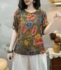 Playera Artística de Algodón y Lino para Mujer Top de Color Suelto Casual Retro para Viajar Verano Manga Corta Estampada a la Moda