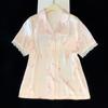Pijama feminina de manga curta com renda estilo doce e adorável, estampa de cerejas, roupa de casa, foto real, atacado