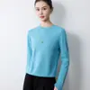 Suéter básico de punto sin costuras de una línea con cuello redondo y manga larga para mujer en color café, capa base fina tipo jersey para otoño e invierno