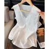 Chaleco de Lino Blanco con Bordado Pesado y Perlas, Cuello en V, para Mujer, Verano Nuevo, Moda de Gama Alta, Top sin Mangas con Temperamento