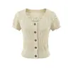 Cárdigan de Ganchillo Calado Estilo Europeo y Americano, Camiseta de Manga Corta para Mujer con Cuello Redondo y Botones, Corte Ajustado, Top Corto Versátil