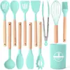 Conjunto de Utensílios de Cozinha, Conjunto de Utensílios de Cozinha para Cozinhar, Colher, Espátula, Resistente ao Calor, 12 Peças, Antiaderente, Silicone de Grau Alimentício e Cabos de Madeira, Conjunto de Ferramentas de Cozinha