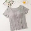 Top Feminino Justo de Manga Curta em Modal com Bojo e Camiseta Básica com Rosca por Dentro e por Fora, Estilo Curto