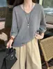 Suéter de punto holgado con cuello en V para mujer, de manga de siete cuartos, nuevo estilo de otoño, color liso, versátil, sencillo suéter casual para pullover